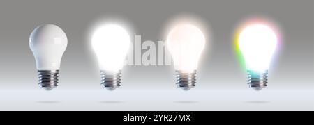 3d led bulb lamp. Smart cfl with light temperature and multicolor glowing mockup. Realistic incandescent spot with warm and cold advertising promo com Stock Vector