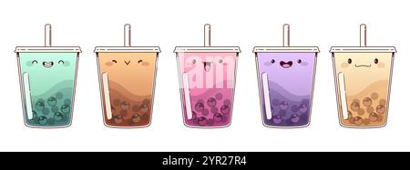 Collection of bubble tea drinks with kawaii face expressions. Sweet beverage in plastic transparent cups with straw, different flavors with tapioca pe Stock Vector