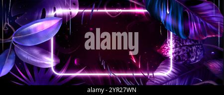 Tropic summer party banner template. Vector realistic illustration of neon light rectangle and exotic rainforest plants on black background, palm tree Stock Vector