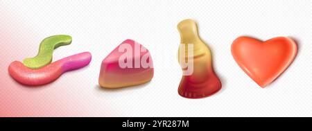 3d gummy candy. Sweet and soft cola bottle vector. Cute sugar children marmalade pink worm dessert. Realistic chew kids vitamins with gelatin texture. Stock Vector
