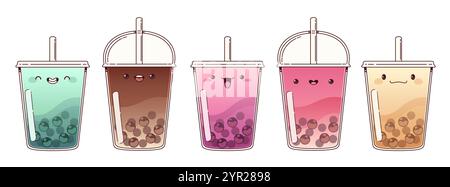 Kawaii bubble tea cups set isolated on white background. Contemporary vector cartoon illustration of fruit, milk, chocolate drink with chewy balls, be Stock Vector