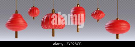 Chinese paper lanterns 3d set with red color and gold details on transparent background. Different shapes of traditional decorative elements for Chine Stock Vector