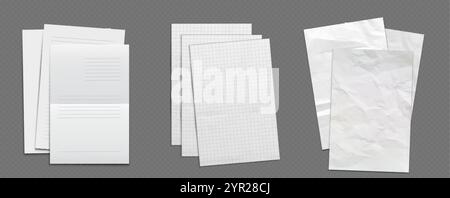 Different paper sheets set on grey background. Lined notebook pages, squared grid templates and crumpled blank documents with realistic shadow effects Stock Vector