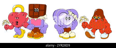 Love themed retro cartoon character mascots - heart shaped lock with yellow key, chocolate bar in purple outfit, cupid box with bow, red strawberry we Stock Vector