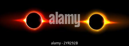 Solar or lunar eclipse circles set isolated on black background. Vector realistic illustration of neon orange and red light rounds with glowing effect Stock Vector