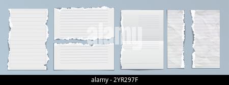 Crumpled and torn paper sheets set isolated on background. Vector realistic illustration blank notebook pages with uneven ripped edges, damaged wrinkl Stock Vector