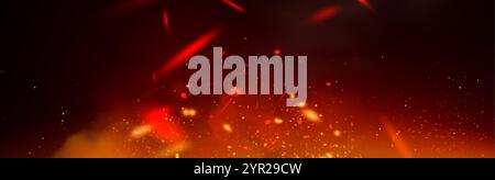 Fire sparks floating upward on dark background. Glowing orange embers with bright red streaks. Hot backdrop with burning particles and smoke elements Stock Vector