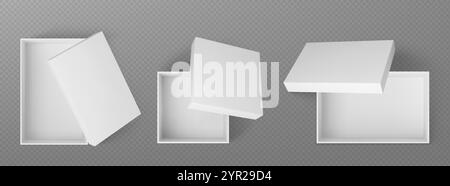 3D mockup of open white boxes top view. Square and rectangle cardboard packages showcasing lids and empty interiors for presentations, container desig Stock Vector