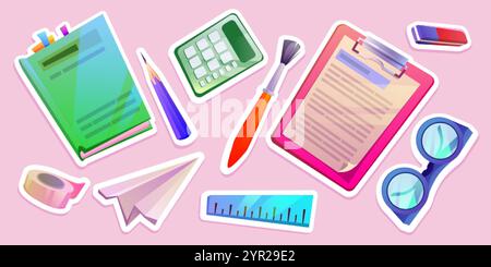Colorful school stationery stickers on pink background. Study item of textbook and clipboard, calculator and pencil, brush and ruler, glasses and pape Stock Vector