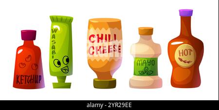 Hot chili sauce bottle. Red spicy ketchup vector. Chilly cheese and mexican spice mayonnaise condiment in container isolated on white background. Orga Stock Vector