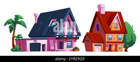 Suburban houses set isolated on white background. Vector cartoon illustration of modern cottage with garage, windows and door, chimney on roof, green Stock Vector
