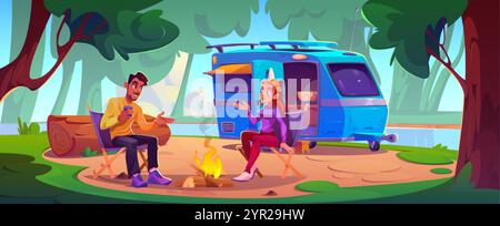 People enjoy outdoor recreation near blue motorhome in forest with lush trees on shore of lake or river. Friends or couple sit around bonfire discussi Stock Vector