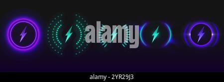 Glowing wireless charging icons set with lightning bolt symbols in neon purple and turquoise colors. Battery power luminous indicators of different ci Stock Vector