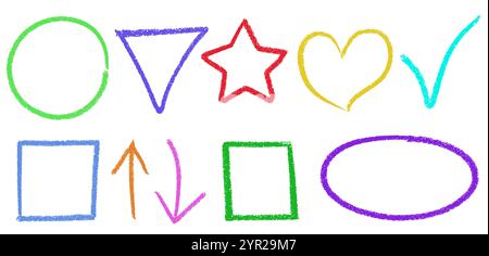 Set of multicolored crayon drawn geometric shapes and frames. Collection of circle and triangle, star and heart, checkmark and square, arrows and oval Stock Vector