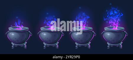 Mystical cauldrons with blue and purple glowing smoke on black background. Cartoon Halloween pot animation stages with brewing potion radiating magica Stock Vector