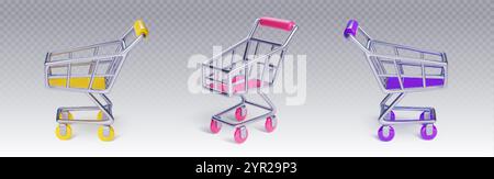 Supermarket carts set isolated on transparent background. Vector realistic illustration of metal shop trolleys with color wheels, shopping baskets for Stock Vector
