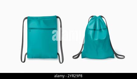 Drawstring bags set isolated on white background. Vector realistic illustration of full and empty turquoise sack mockups with black strings and blank Stock Vector