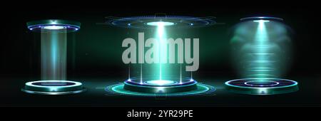 3d light hologram podium for game. Tech portal with blue neon glow. Sci fi hud abstract design for casino show with vortex beam. Fantasy vr teleport t Stock Vector