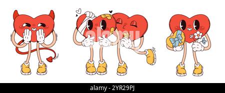 Retro groovy heart cartoon character icon set. Vintage y2k valentine day mascot element with gift. Smile patch art for couple. 90s party trippy and ps Stock Vector