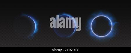 Solar eclipse phases with luminous blue circles and crescent on dark background. Celestial rings show partial and total stages with misty smoke effect Stock Vector