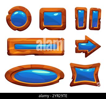 Wooden game ui elements with glowing blue crystal inlays. Cartoon vector set of navigation buttons, progress bars, directional arrows and decorative f Stock Vector