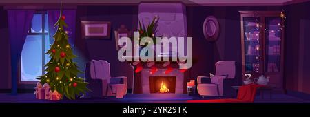 Home room interior with fireplace on Christmas eve. House with decoration on chimney with xmas stocking socks, garland and present under tree. Cozy ar Stock Vector