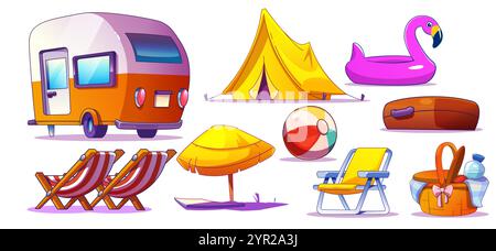Cartoon summer travel stuff set. Leisure voyage design elements - camper van and tent, striped beach chairs and sunshade umbrella, inflatable ball and Stock Vector