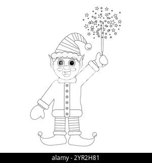 Black and white illustration of a cheerful Christmas elf holding a sparkler, ideal for childrens coloring pages. Stock Vector