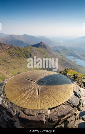 UK, Wales, Gwynedd, Snowdonia, Mount Snowdon summit, trig point viewpoint indicator Stock Photo