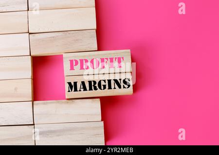 Profit Margins symbol. Concept word Profit Margins on wooden blocks. Beautiful pink background. Business and Profit Margins concept. Copy space Stock Photo