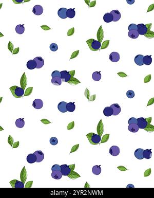 Seamless vector pattern of blueberries and leaves on transparent background. For fabric, wallpaper, wrapping paper, card Stock Vector