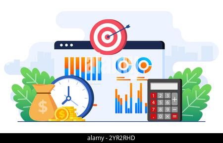 Accounting or finance management concept flat illustration, Business plan and budget, Marketing data analysis, Economic, Strategy, Achieving business Stock Vector