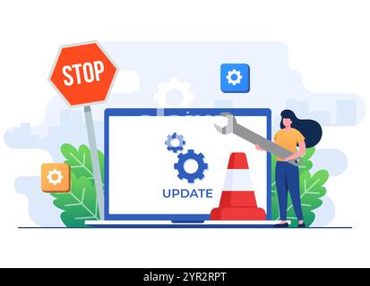 Laptop computer with software update screen flat vector illustration, System maintenance, update process, install software, operating system, Stock Vector