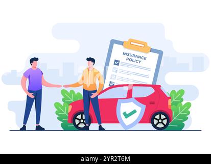 Vehicle insurance flat illustration, Man purchases car insurance policy from agent, Auto insurance, Car safety, assistance and protection concept for, Stock Vector