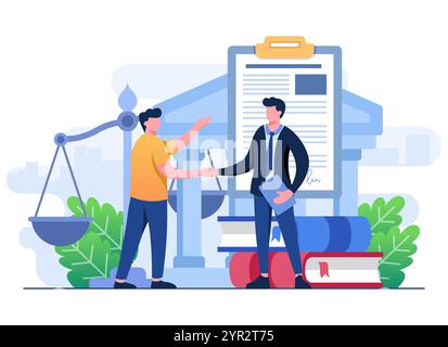 Lawyer giving legal assistance or singing contract, agreement, or document, Law and justice flat illustration concept, Service of a lawyer, Notary, Le Stock Vector