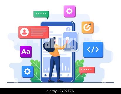 Mobile UI/UX development concept flat illustration, Mobile application blocks on smartphone screen, Mobile app interface, Web development, Smartphone Stock Vector