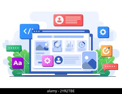 Interface elements and browser windows on the monitor screen, Web design, UI UX, Software development, Web design, Application design, Coding, Web dev Stock Vector