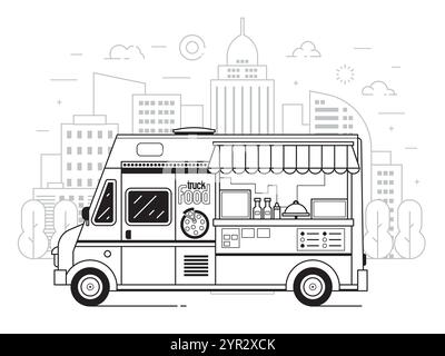 Street Food Truck Selling Pizza in Line Art Stock Vector