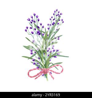 Meadow blooming blue, purple flowers with rosemary leaves and pink jute bow bouquet watercolor illustration. Spring, summer herbs, plants for wedding Stock Photo