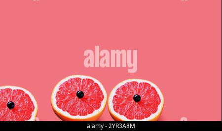 Grapefruits isolated. Fruit, citrus, food patterns. Grapefruits. Citrus fruits. Vitamins. Half a grapefruit with black currant on top. Healthy eating Stock Photo