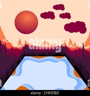 The mountains are silhouetted against the sky their peaks casting long shadows over the forest below Stock Vector