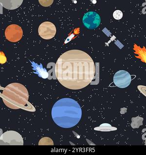 Embark on an adventure through a vibrant pixel art space scene filled with planets, rockets, and stars Stock Vector