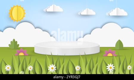 A vibrant spring landscape with a decorative platform, sunny blue sky, and cheerful blooming flowers Stock Vector