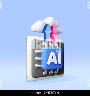 3d AI Chip with arrows in clouds. Stock Vector