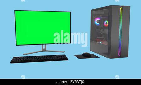A computer setup featuring a monitor, keyboard, mouse, and a gaming PC with RGB lighting. Stock Photo