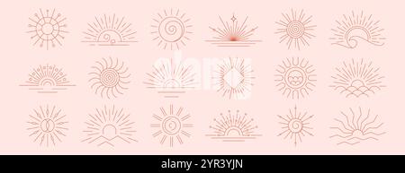 Vector set of linear boho sunrise logo, sunset symbols or sun rays. Hand drawn sunburst, outline sunbeam thin line design elements in minimal bohemian style. Mystic magic esoteric spiritual icons Stock Vector