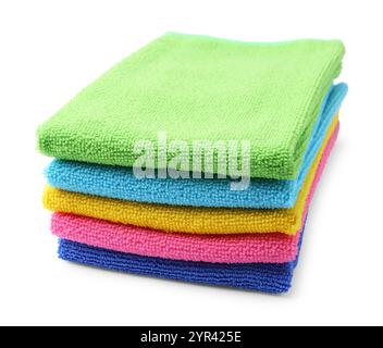 Stack of different microfiber cloths isolated on white Stock Photo