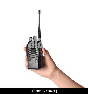 Woman with walkie talkie on white background, closeup Stock Photo