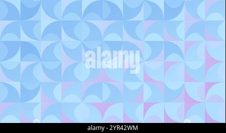 Repeating pattern of curved geometric shapes in various shades of blue on pink background. Abstract, bright&vibrant retro Bauhaus pattern illustration Stock Photo