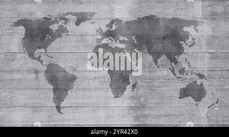 Dark gray world map painted on a light grey concrete wall, the map is weathered and scratched. Full frame textured background in black and white. Stock Photo